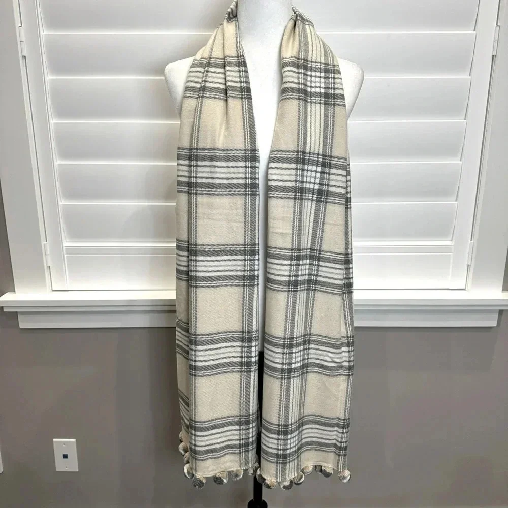 J. Crew Plaid Scarf with Pom Poms - Picture 1 of 4